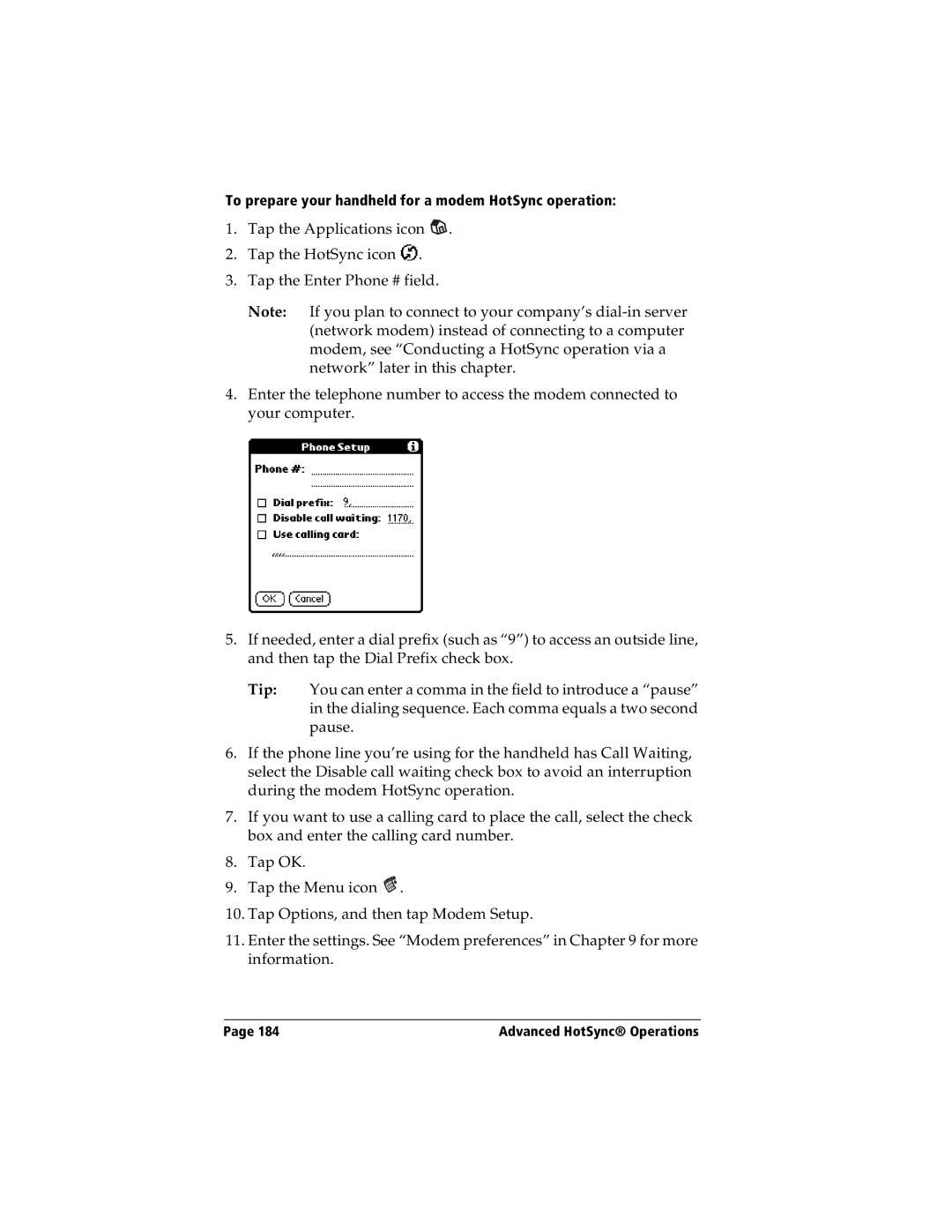 Handspring Visor manual To prepare your handheld for a modem HotSync operation 