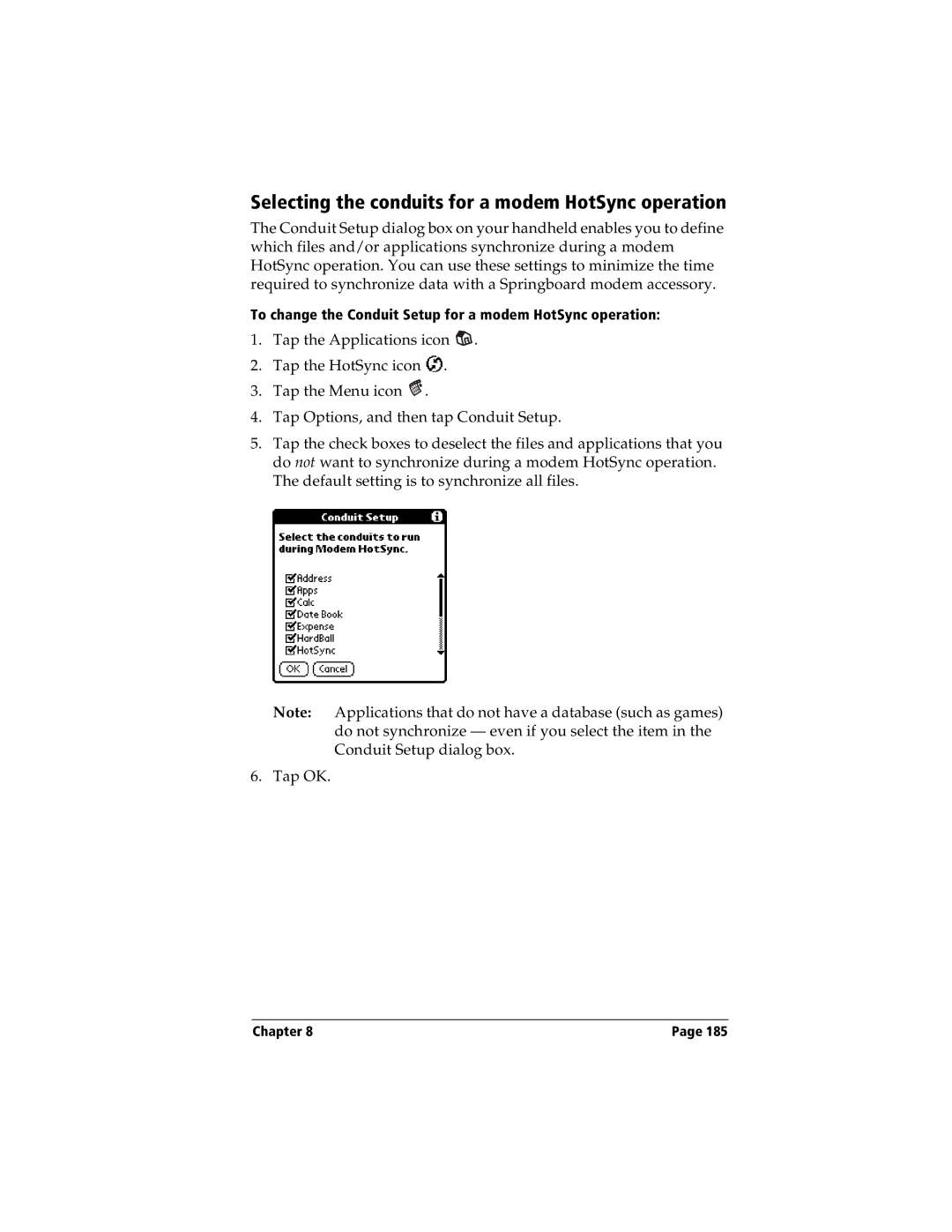 Handspring Visor manual Selecting the conduits for a modem HotSync operation 