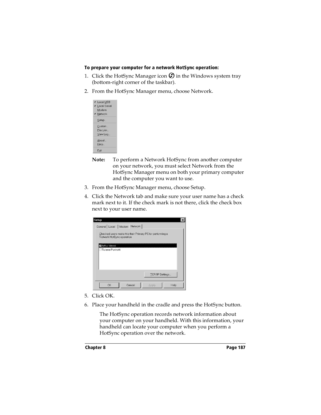 Handspring Visor manual To prepare your computer for a network HotSync operation 