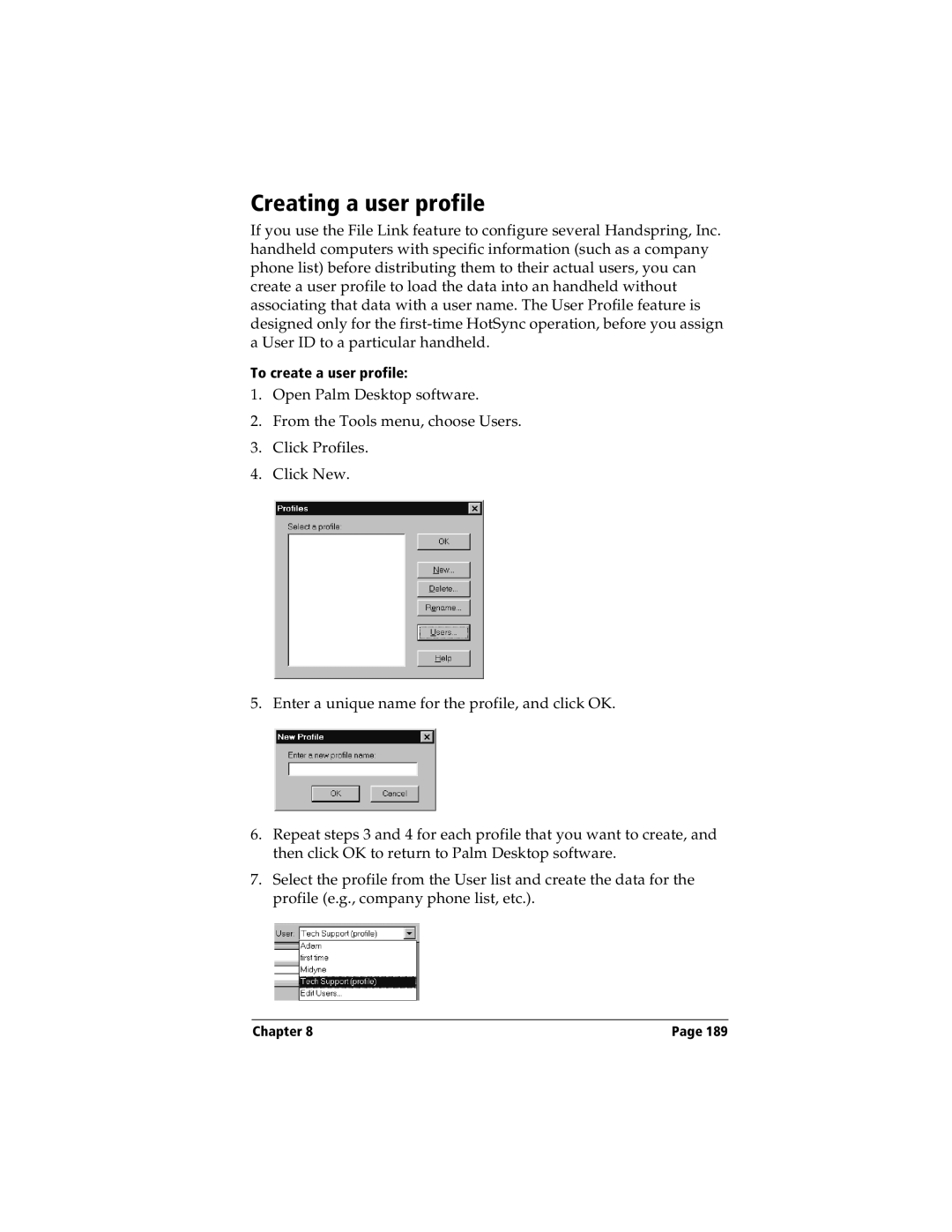 Handspring Visor manual Creating a user profile 