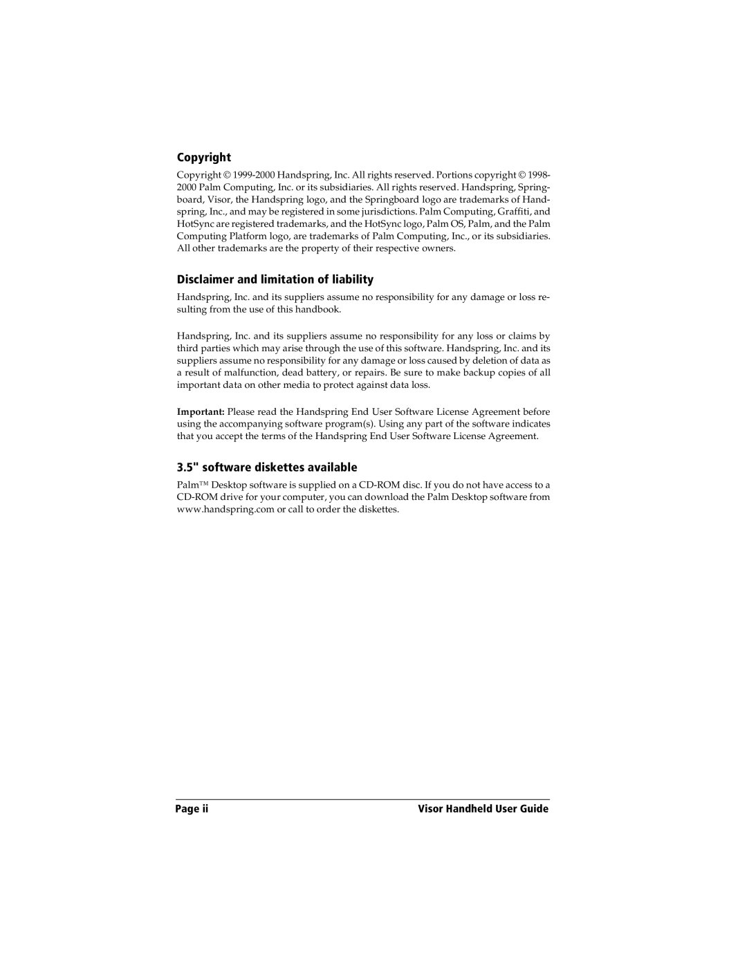 Handspring Visor manual Copyright, Disclaimer and limitation of liability, Software diskettes available 