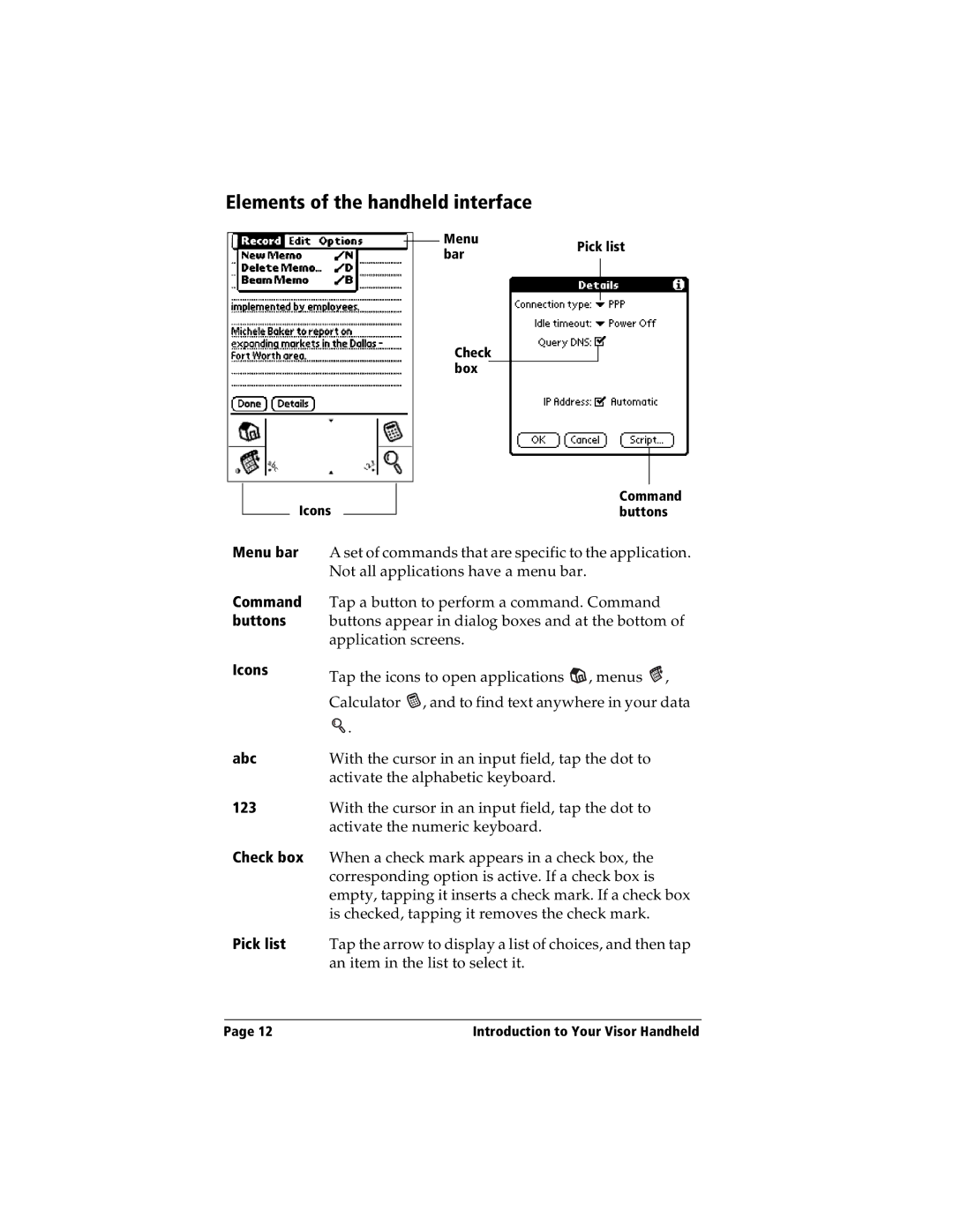 Handspring Visor manual Elements of the handheld interface, Menu bar, Icons Abc 123 Check box Pick list 