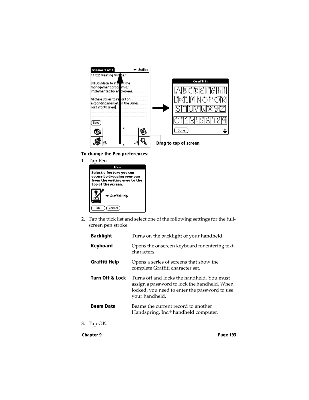 Handspring Visor manual Turn Off & Lock, Beam Data 