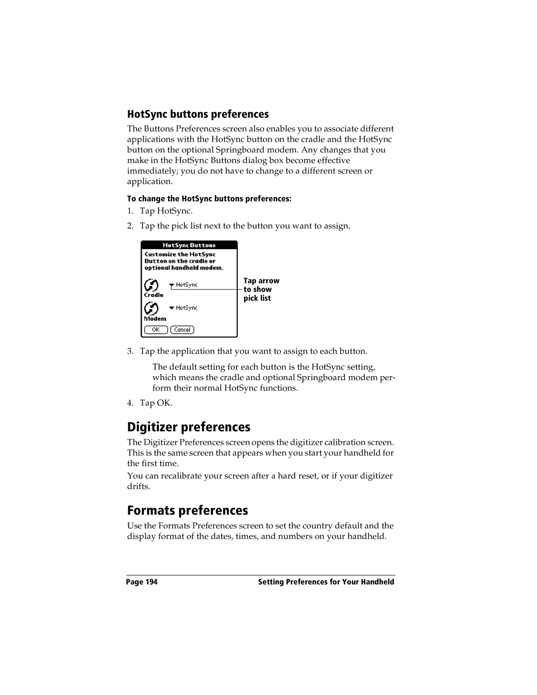 Handspring Visor manual Digitizer preferences, Formats preferences, HotSync buttons preferences 