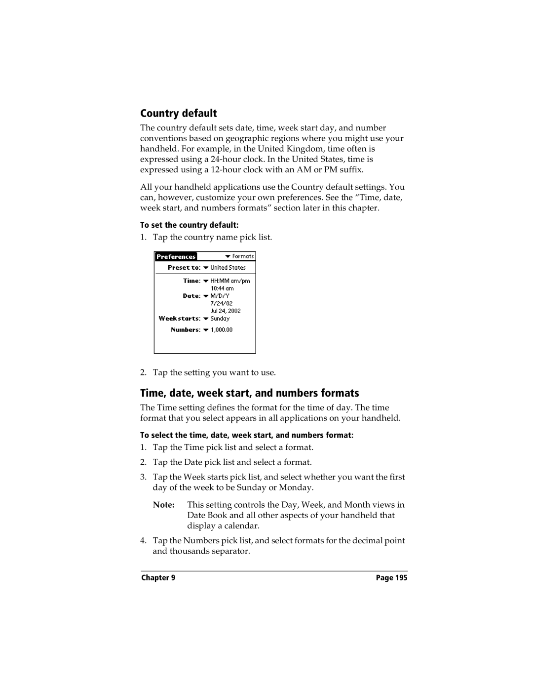 Handspring Visor manual Country default, Time, date, week start, and numbers formats 