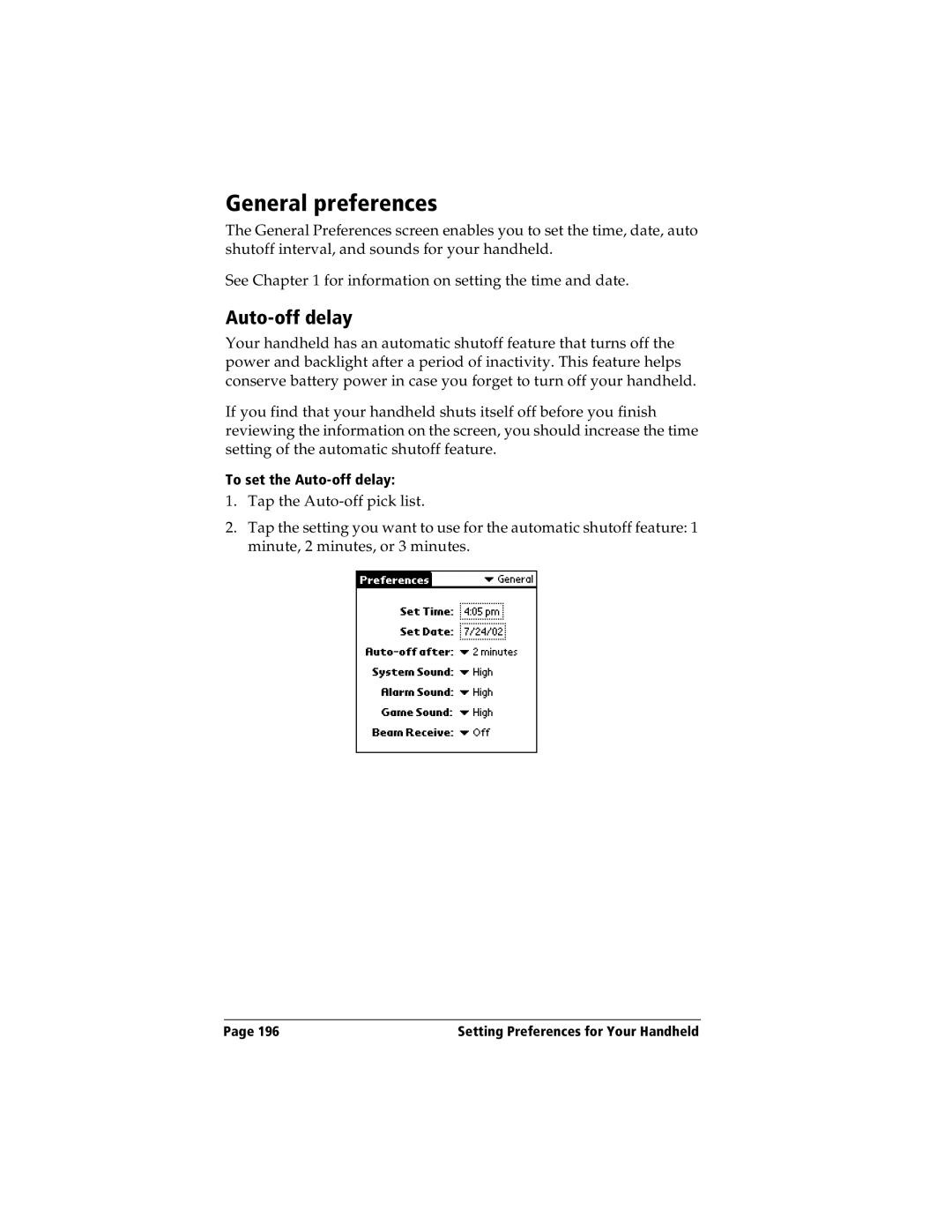 Handspring Visor manual General preferences, Auto-off delay 