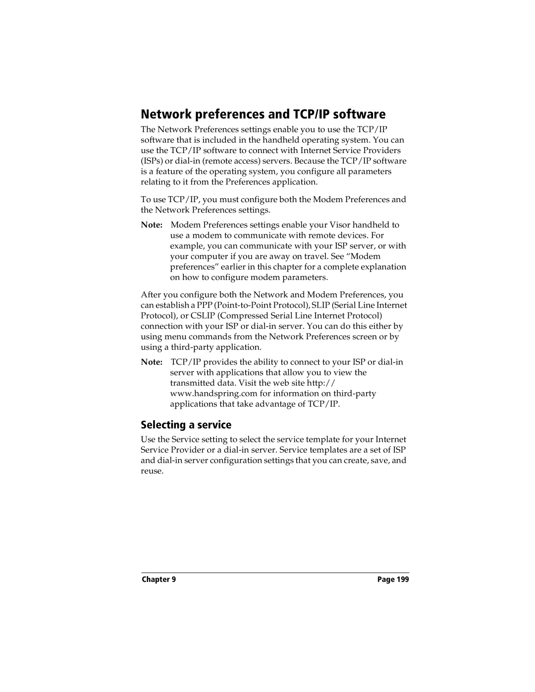 Handspring Visor manual Network preferences and TCP/IP software, Selecting a service 