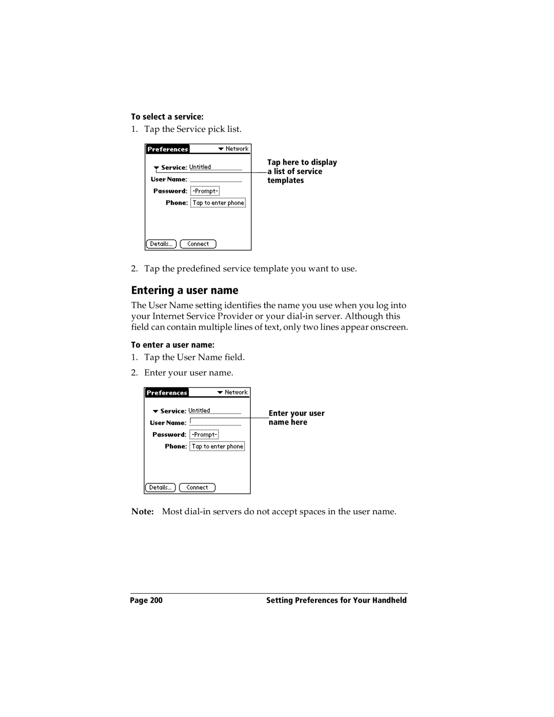 Handspring Visor manual Entering a user name 