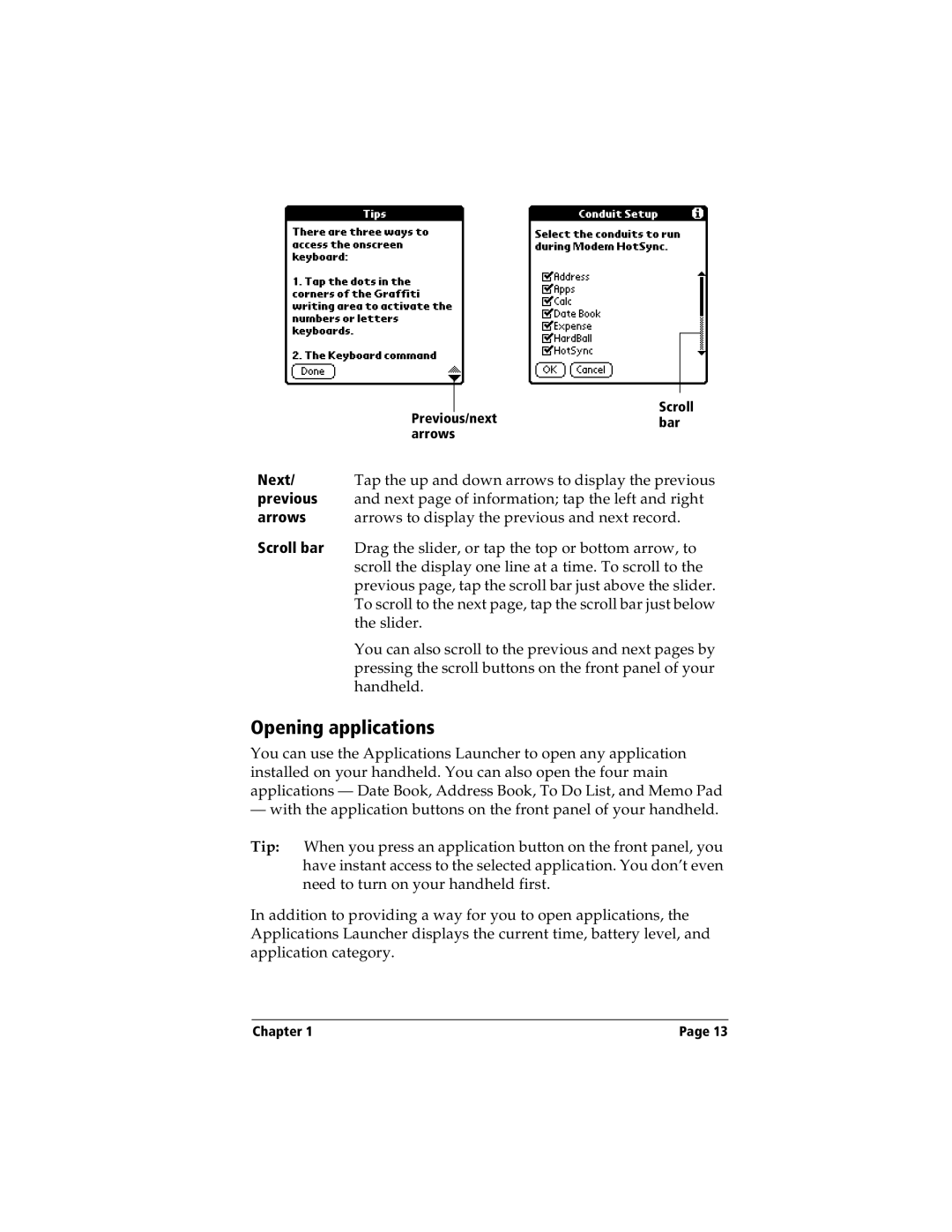 Handspring Visor manual Opening applications, Next, Previous, Arrows, Scroll bar 