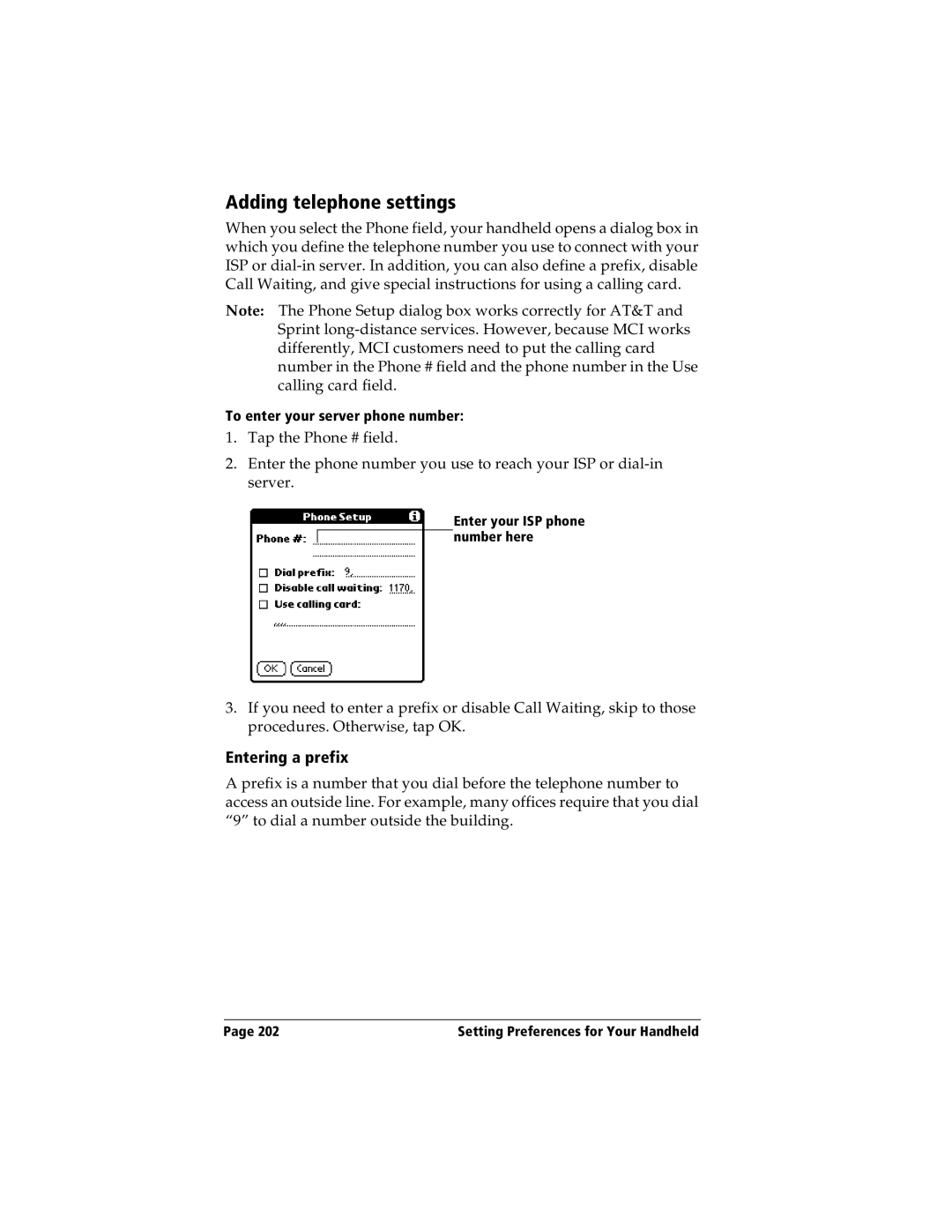 Handspring Visor manual Adding telephone settings, Entering a prefix 