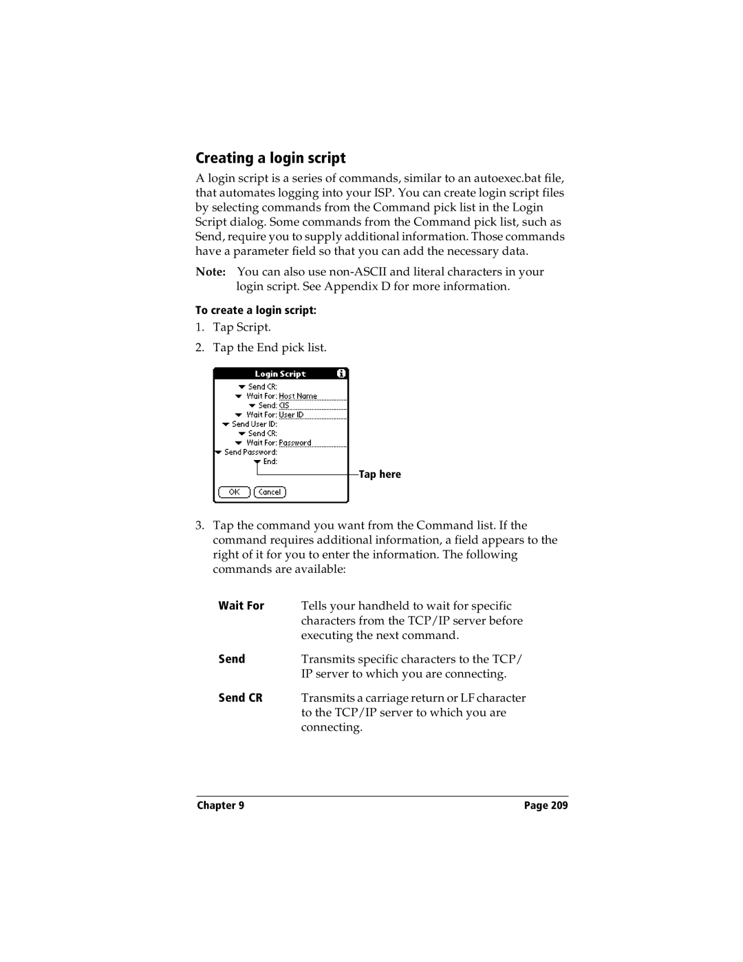 Handspring Visor manual Creating a login script, Wait For, Send CR 