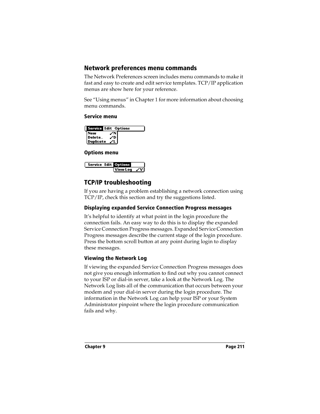 Handspring Visor manual Network preferences menu commands, TCP/IP troubleshooting, Service menu Options menu 