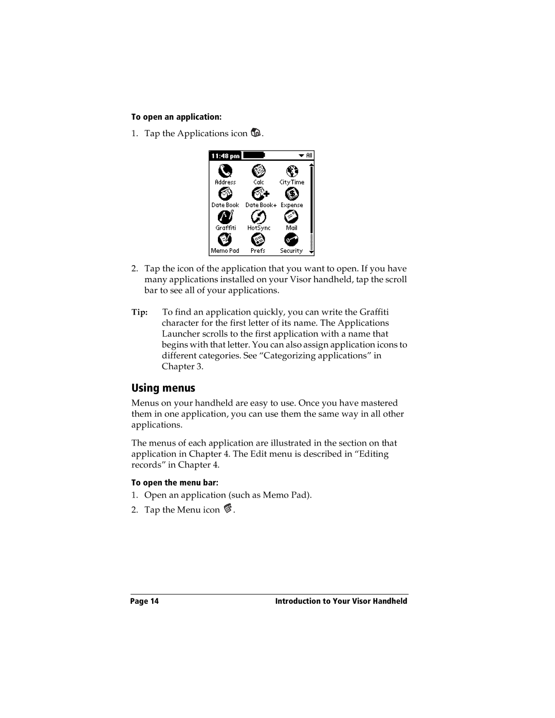 Handspring Visor manual Using menus 