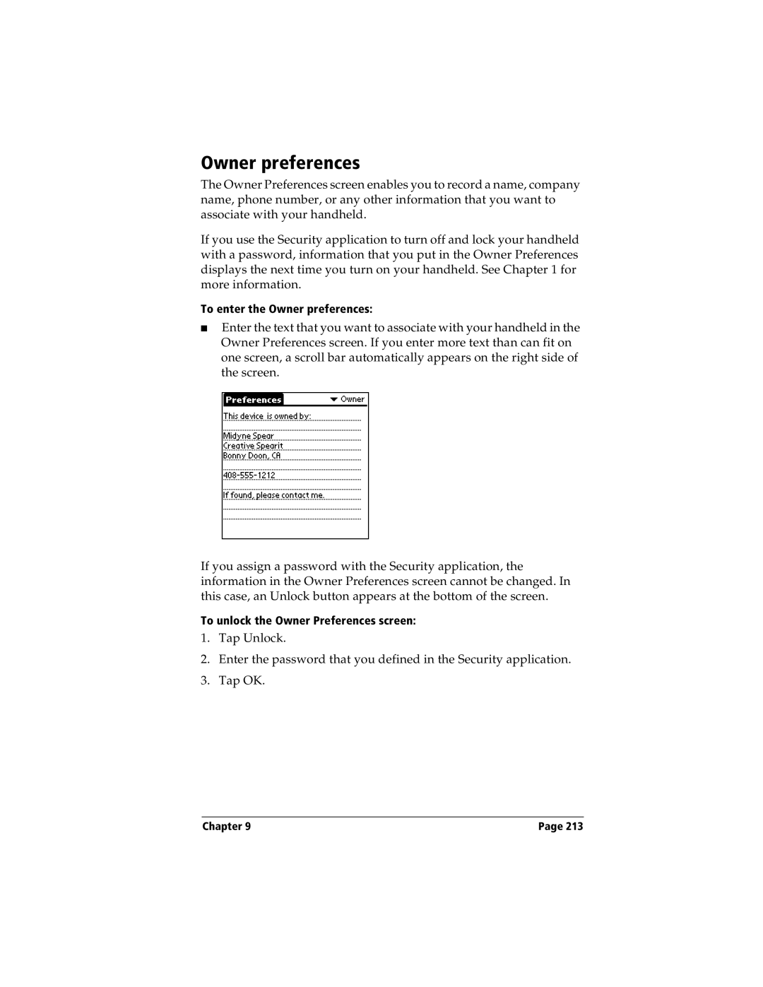 Handspring Visor manual Owner preferences 