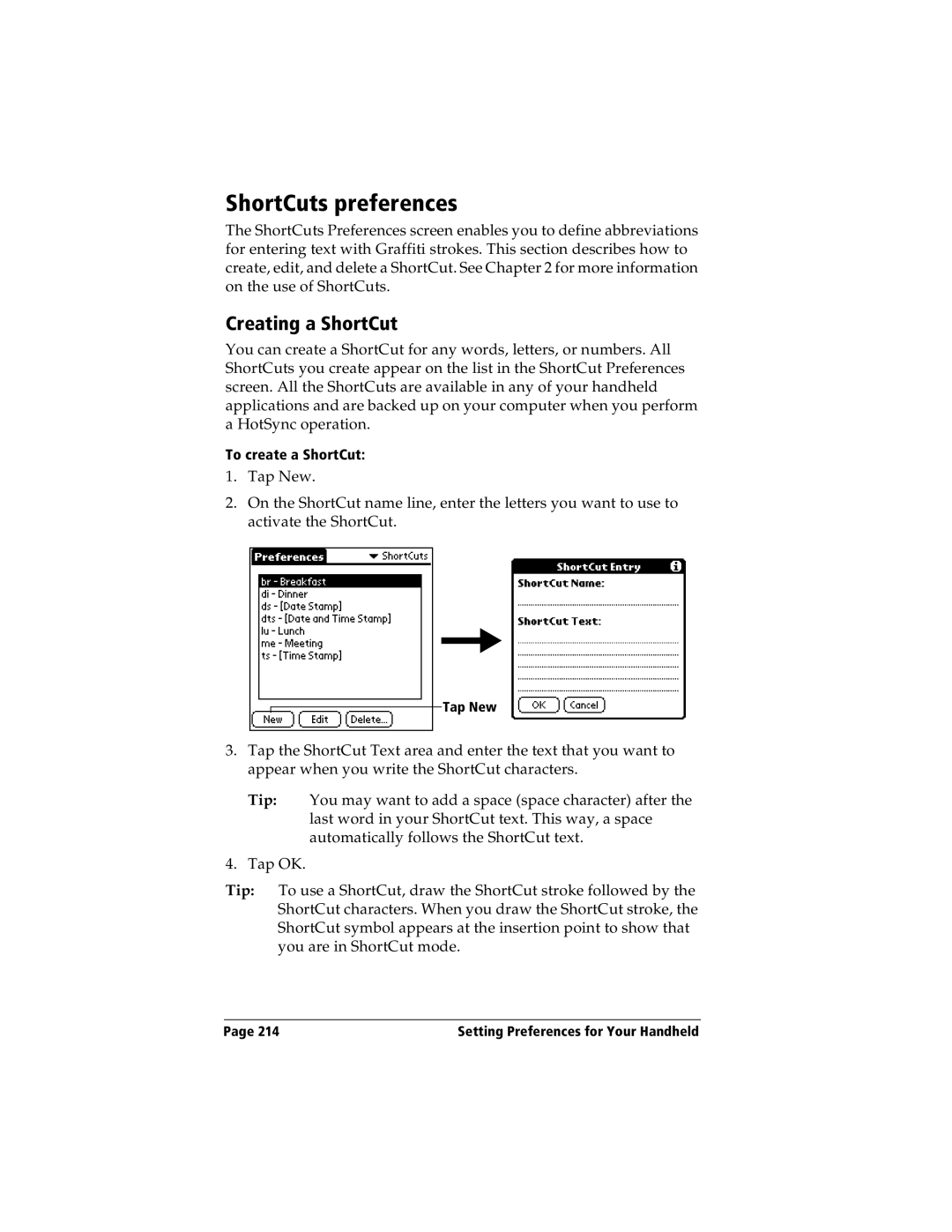 Handspring Visor manual ShortCuts preferences, Creating a ShortCut 