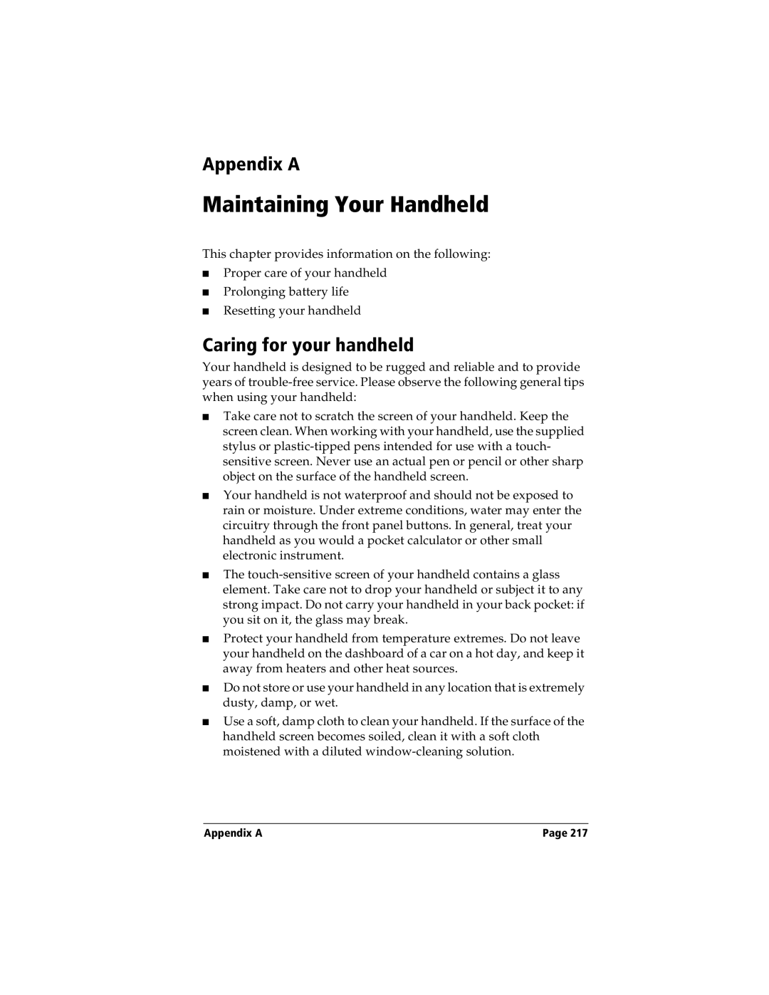 Handspring Visor manual Appendix a, Caring for your handheld 