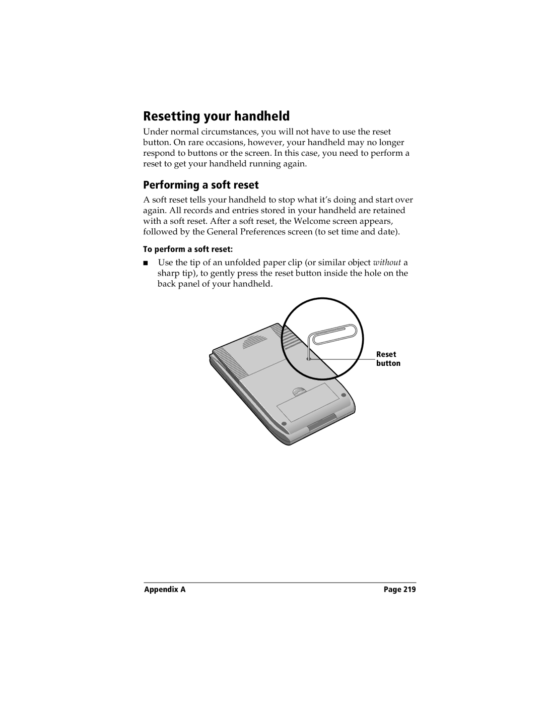 Handspring Visor manual Resetting your handheld, Performing a soft reset 