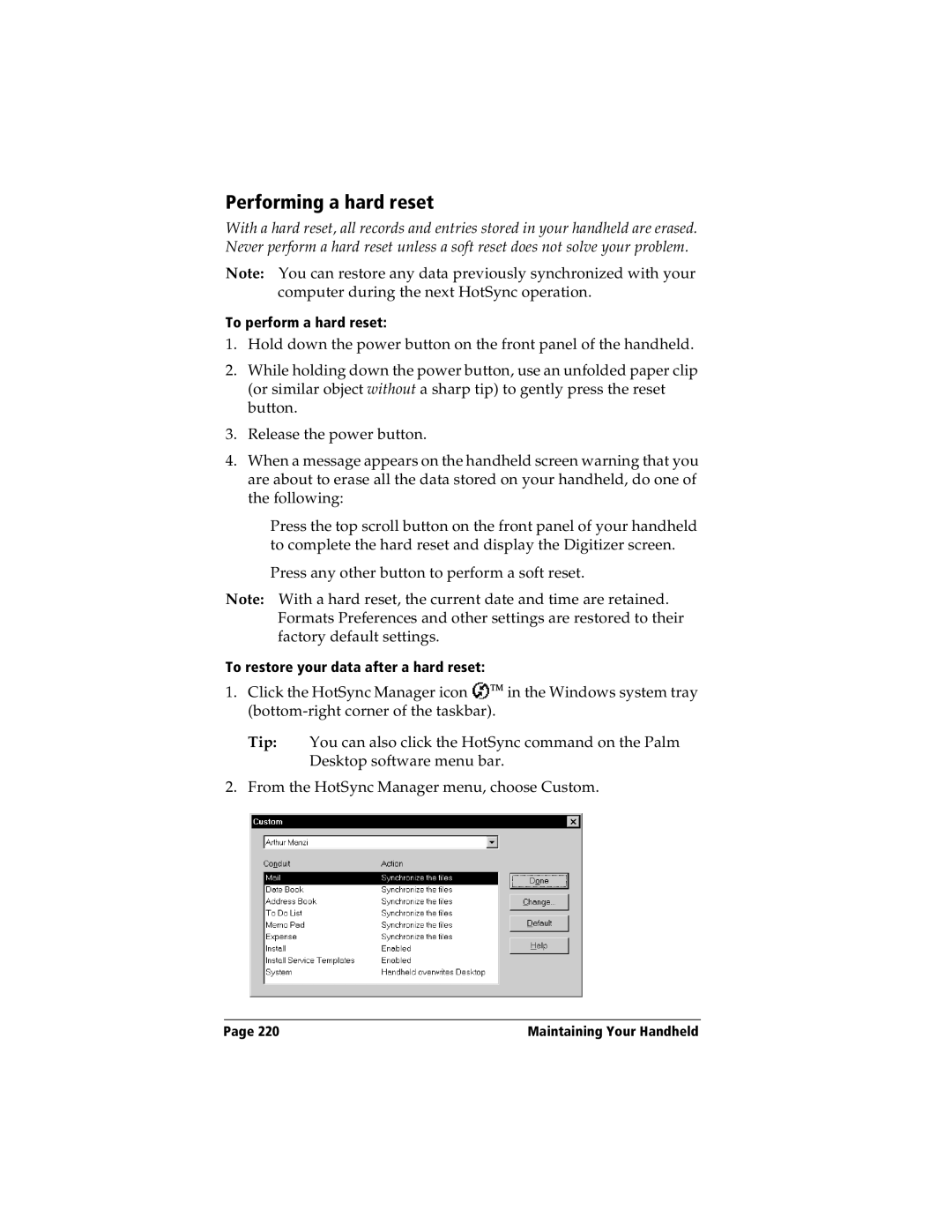 Handspring Visor manual Performing a hard reset 