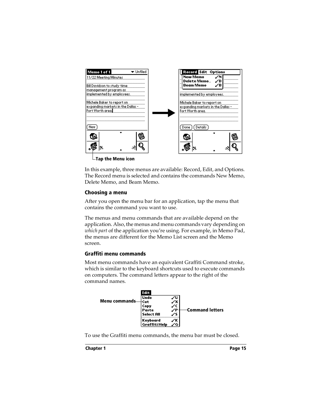 Handspring Visor manual Choosing a menu, Graffiti menu commands 