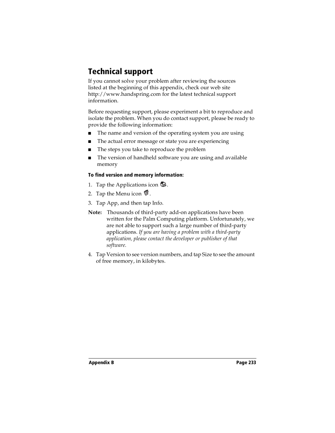 Handspring Visor manual Technical support 