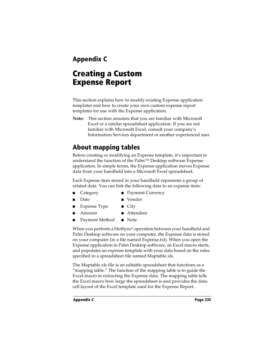 Handspring Visor manual Appendix C, About mapping tables 