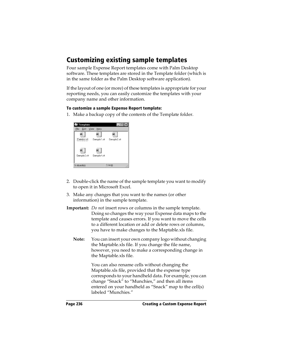 Handspring Visor manual Customizing existing sample templates 