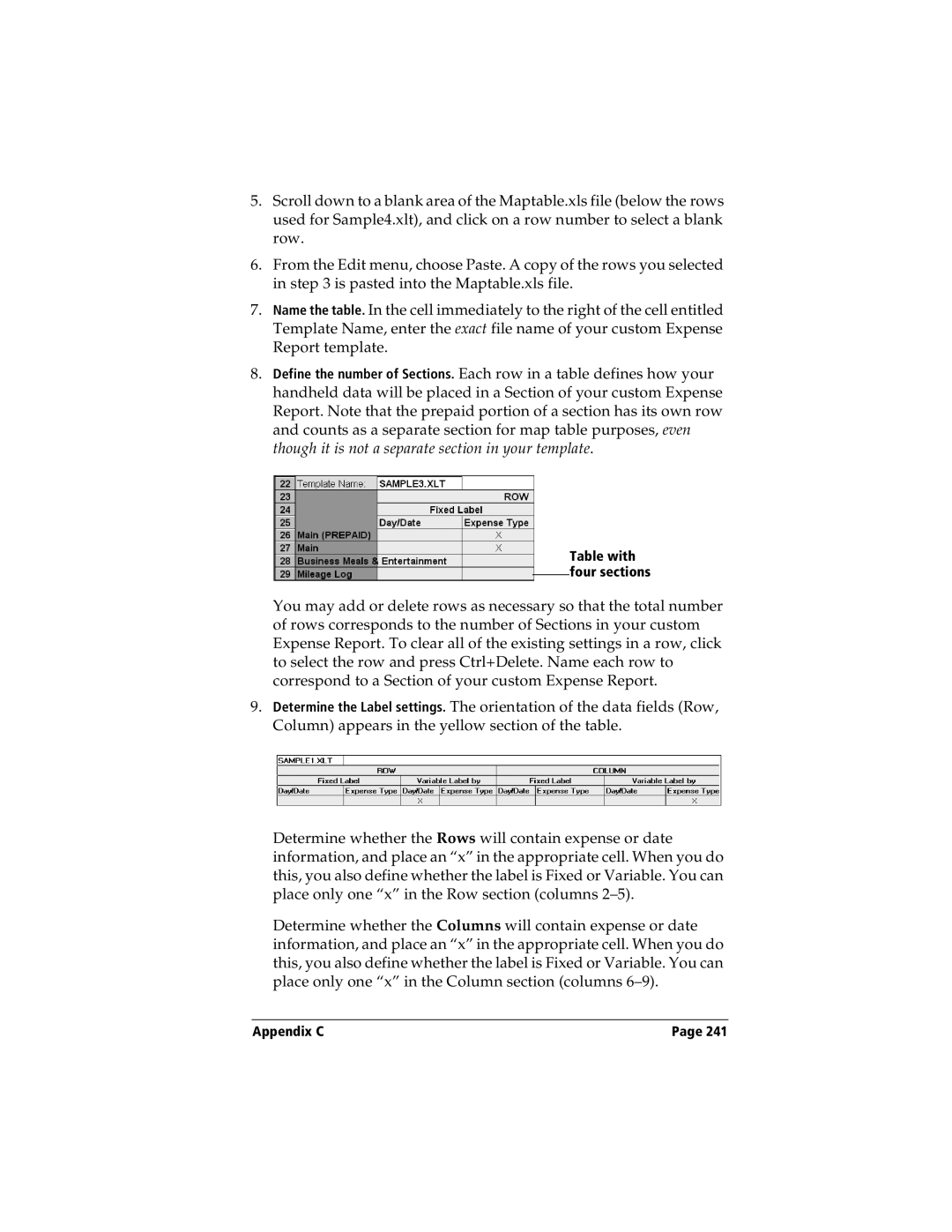 Handspring Visor manual Table with four sections 