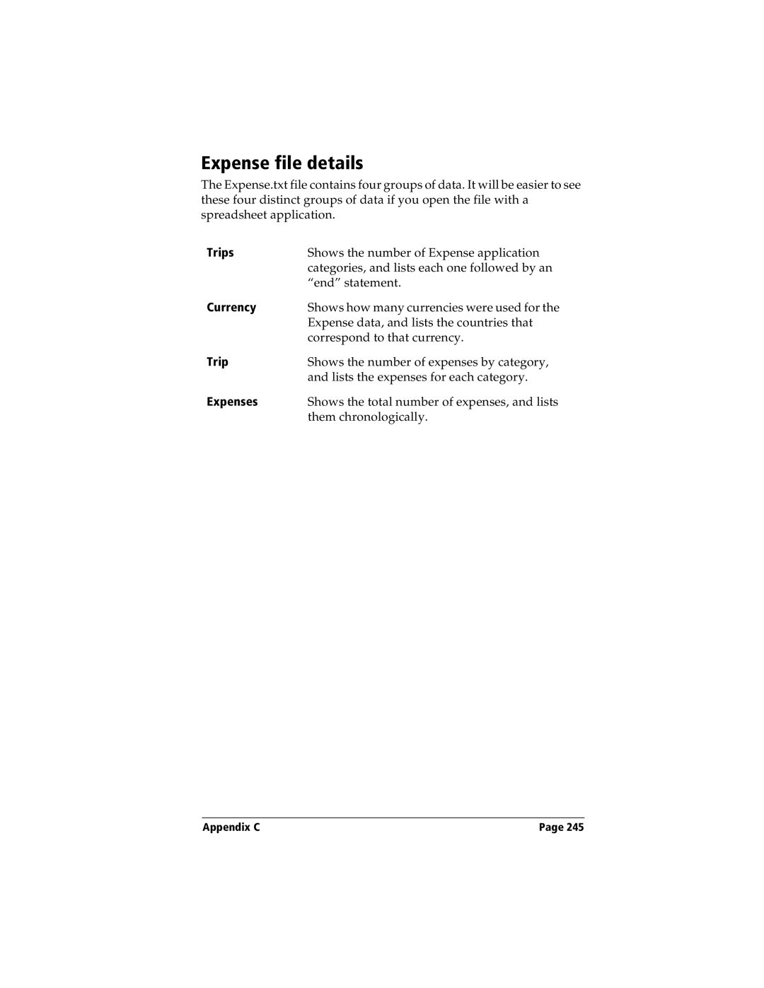 Handspring Visor manual Expense file details, Trips, Expenses 