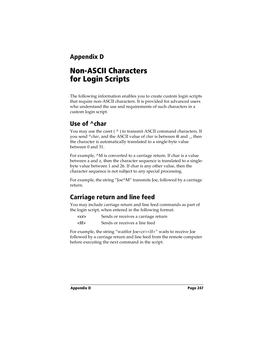 Handspring Visor manual Appendix D, Use of char, Carriage return and line feed 