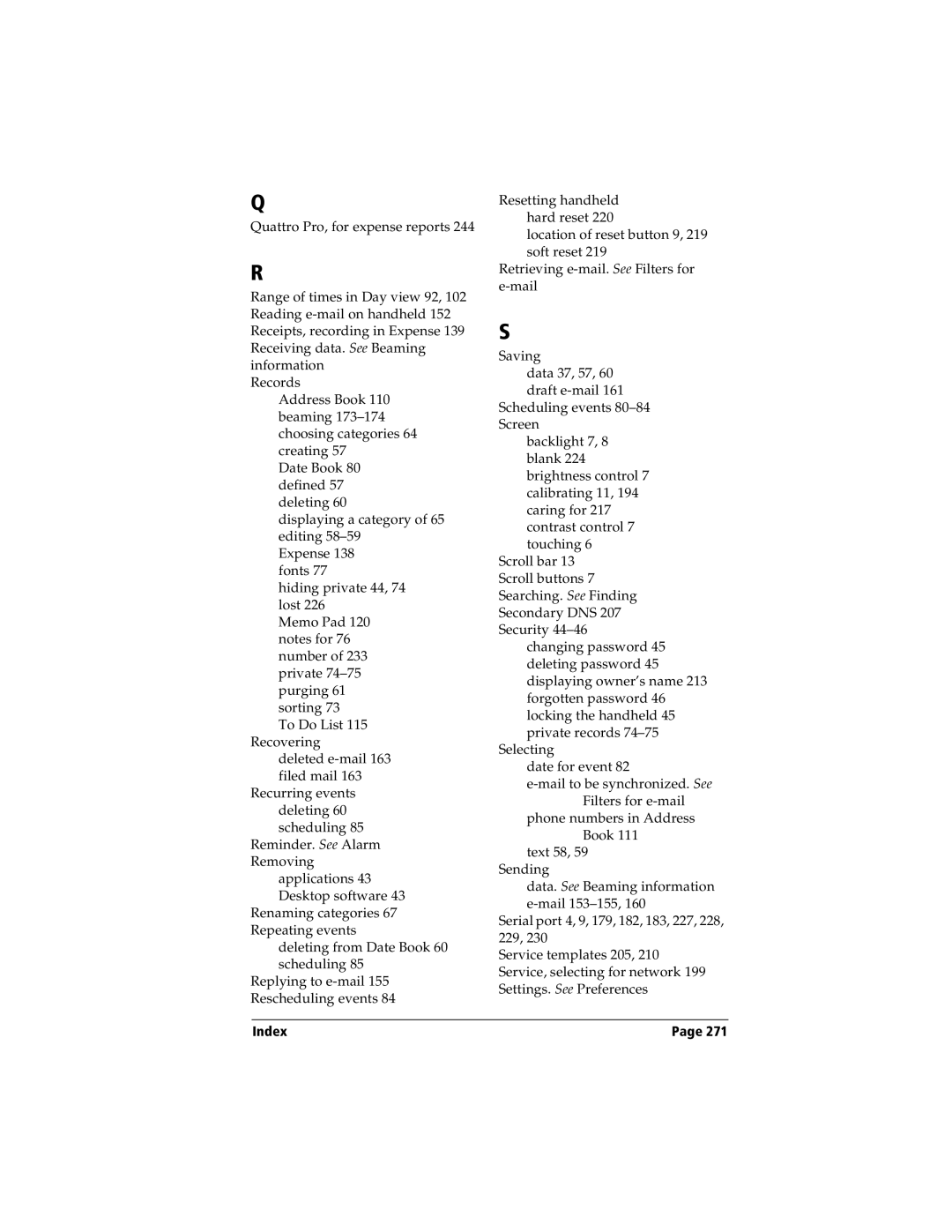 Handspring Visor manual Index 