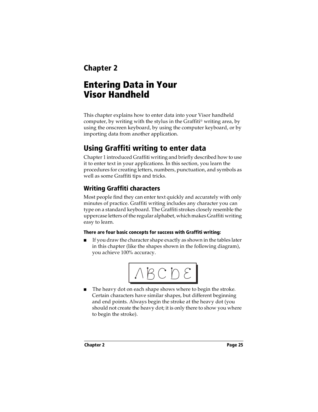 Handspring Visor manual Using Graffiti writing to enter data, Writing Graffiti characters 