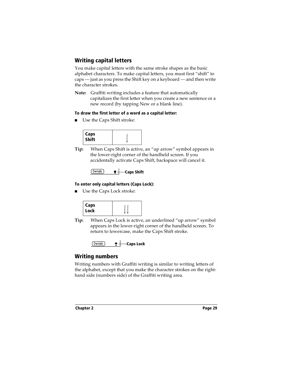 Handspring Visor manual Writing capital letters, Writing numbers, Caps Shift, Caps Lock 