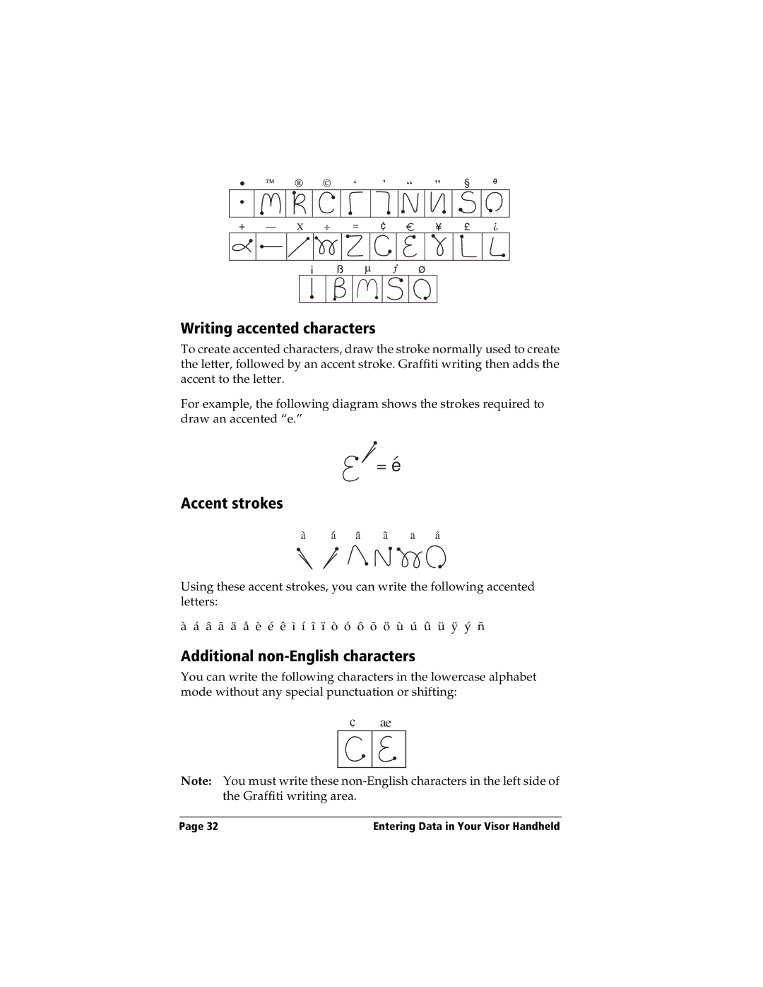 Handspring Visor manual Writing accented characters, Accent strokes, Additional non-English characters 