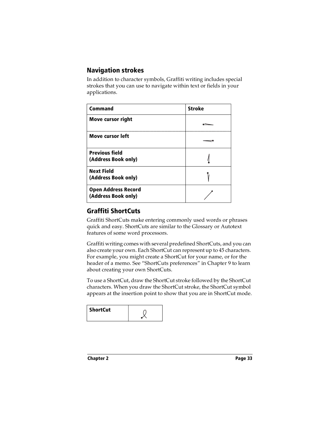 Handspring Visor Navigation strokes, Graffiti ShortCuts, Move cursor right Move cursor left, Next Field Address Book only 