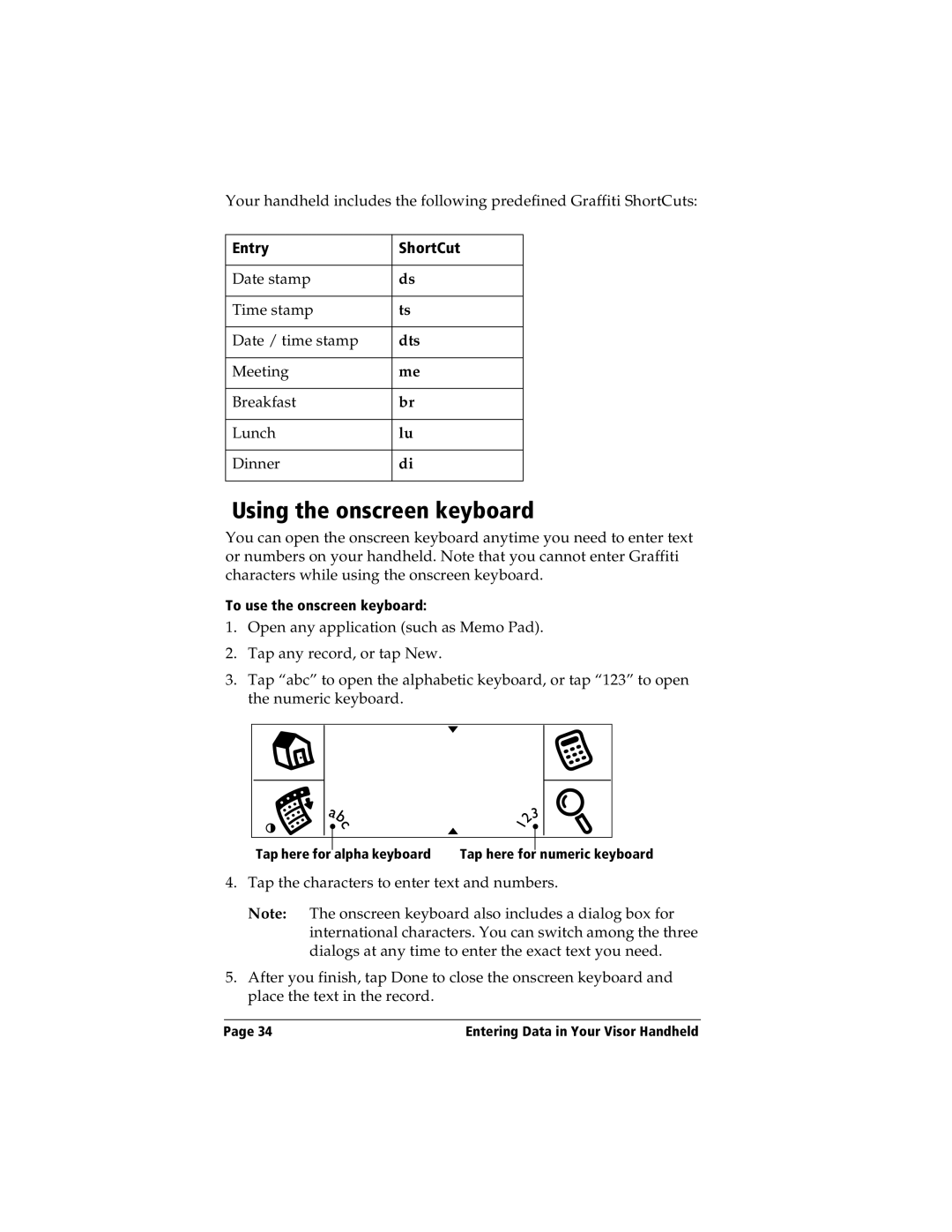 Handspring Visor manual Using the onscreen keyboard, Entry ShortCut 