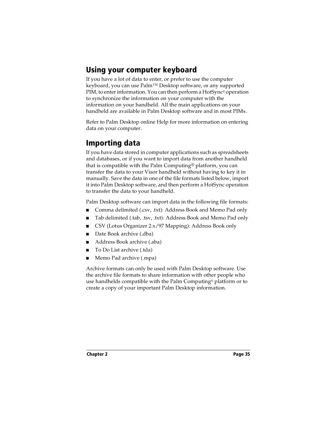 Handspring Visor manual Using your computer keyboard, Importing data 