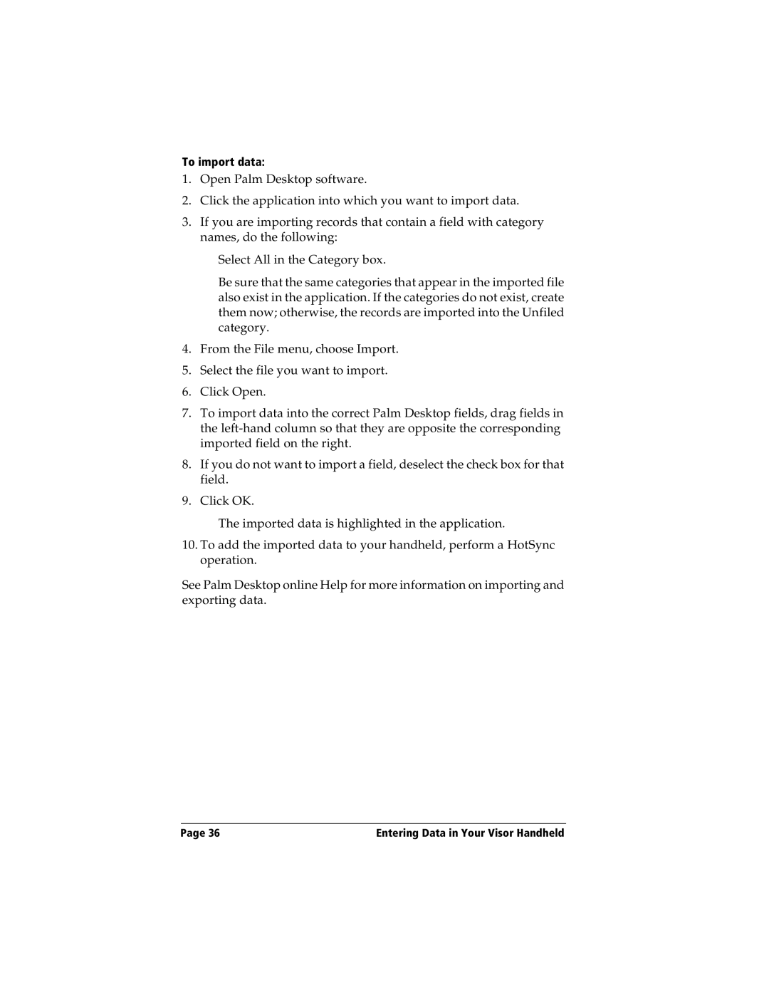 Handspring Visor manual To import data 