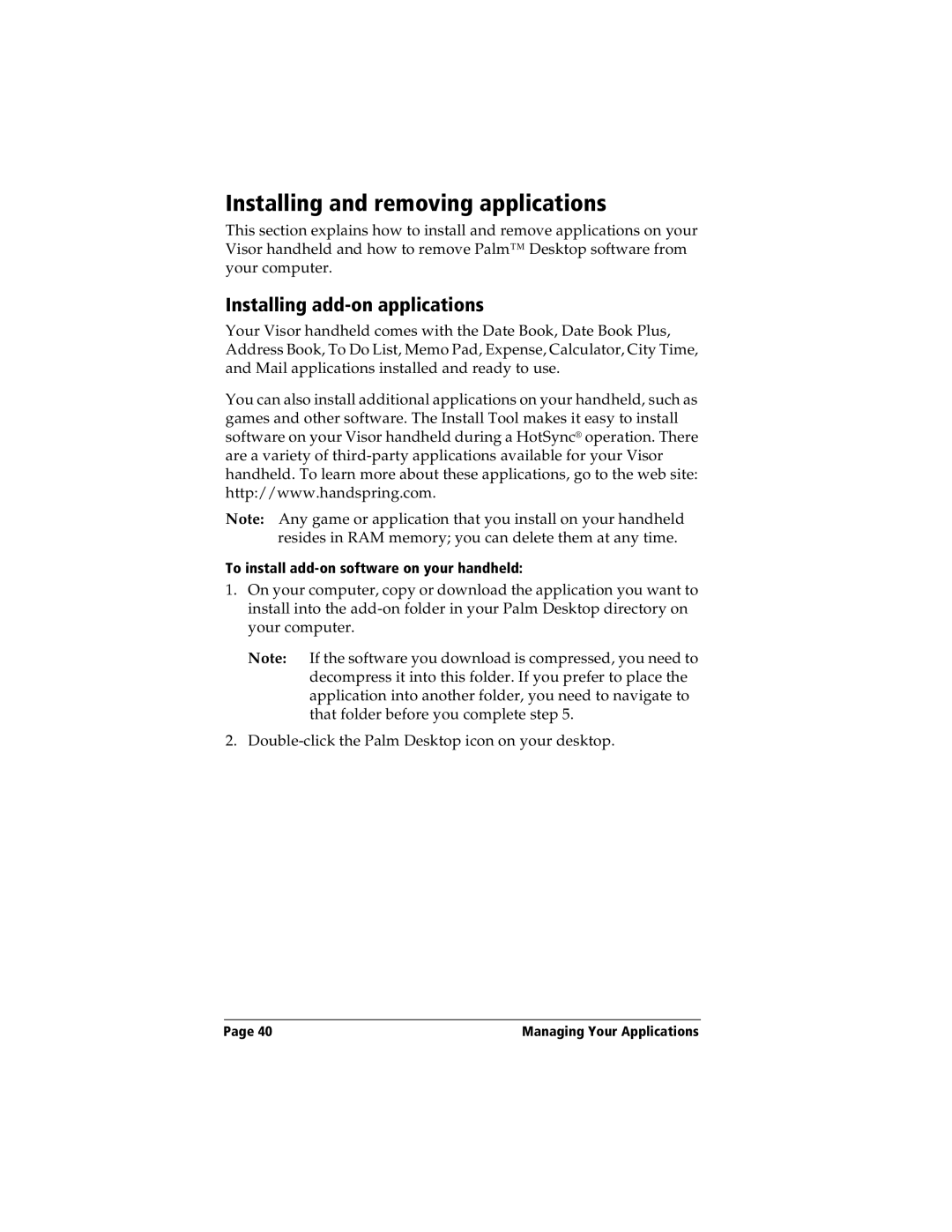 Handspring Visor manual Installing and removing applications, Installing add-on applications 