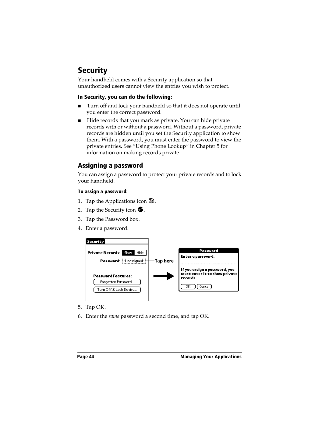 Handspring Visor manual Assigning a password, Security, you can do the following 