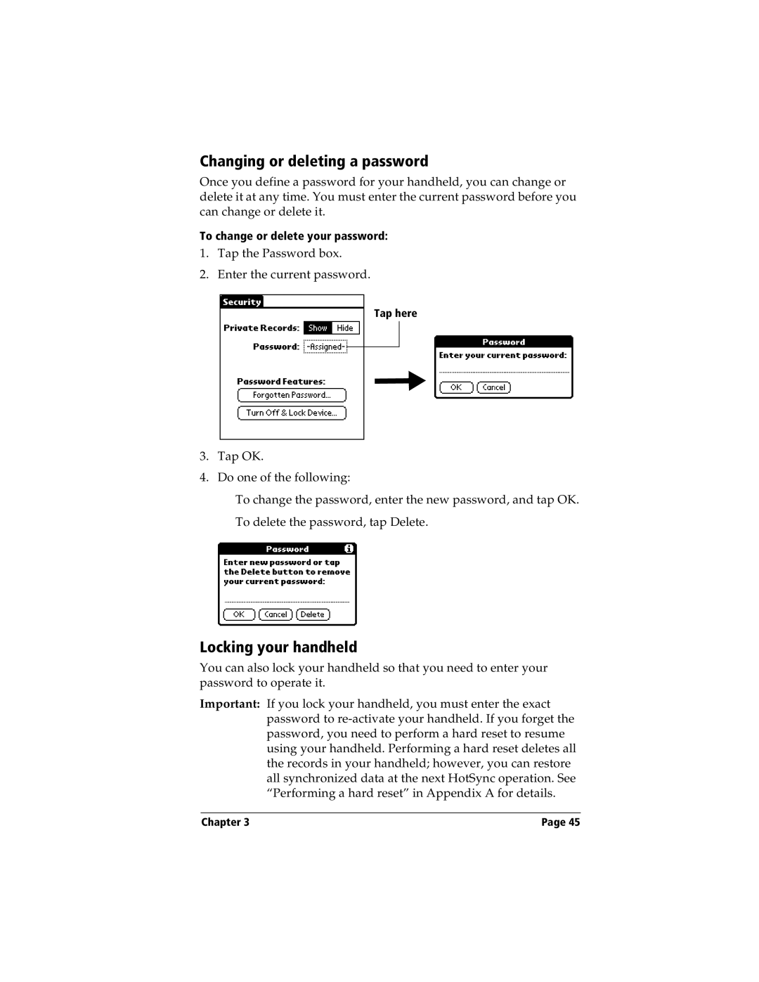 Handspring Visor manual Changing or deleting a password, Locking your handheld 