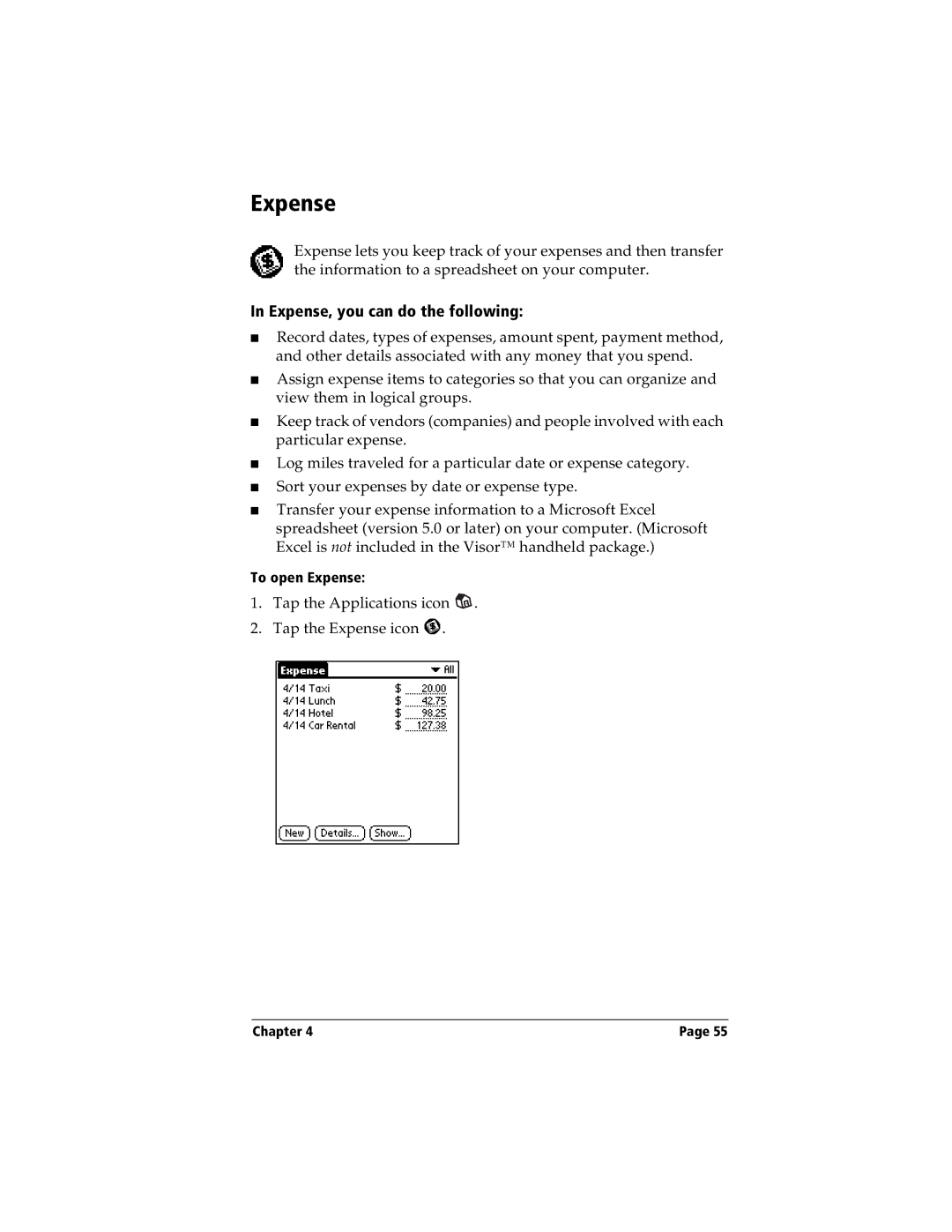 Handspring Visor manual Expense, you can do the following 