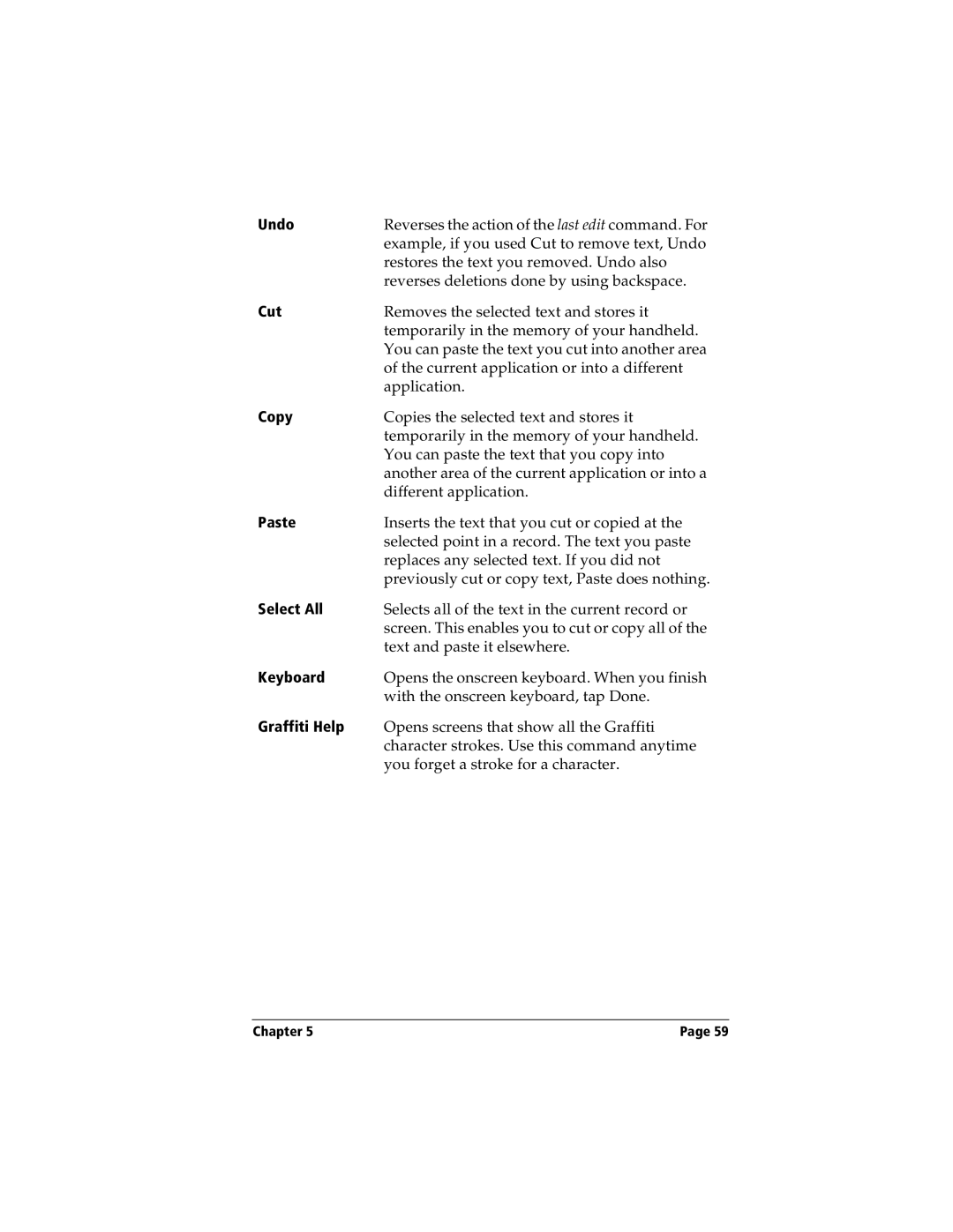 Handspring Visor manual Undo, Cut, Copy, Paste, Select All, Keyboard, Graffiti Help 