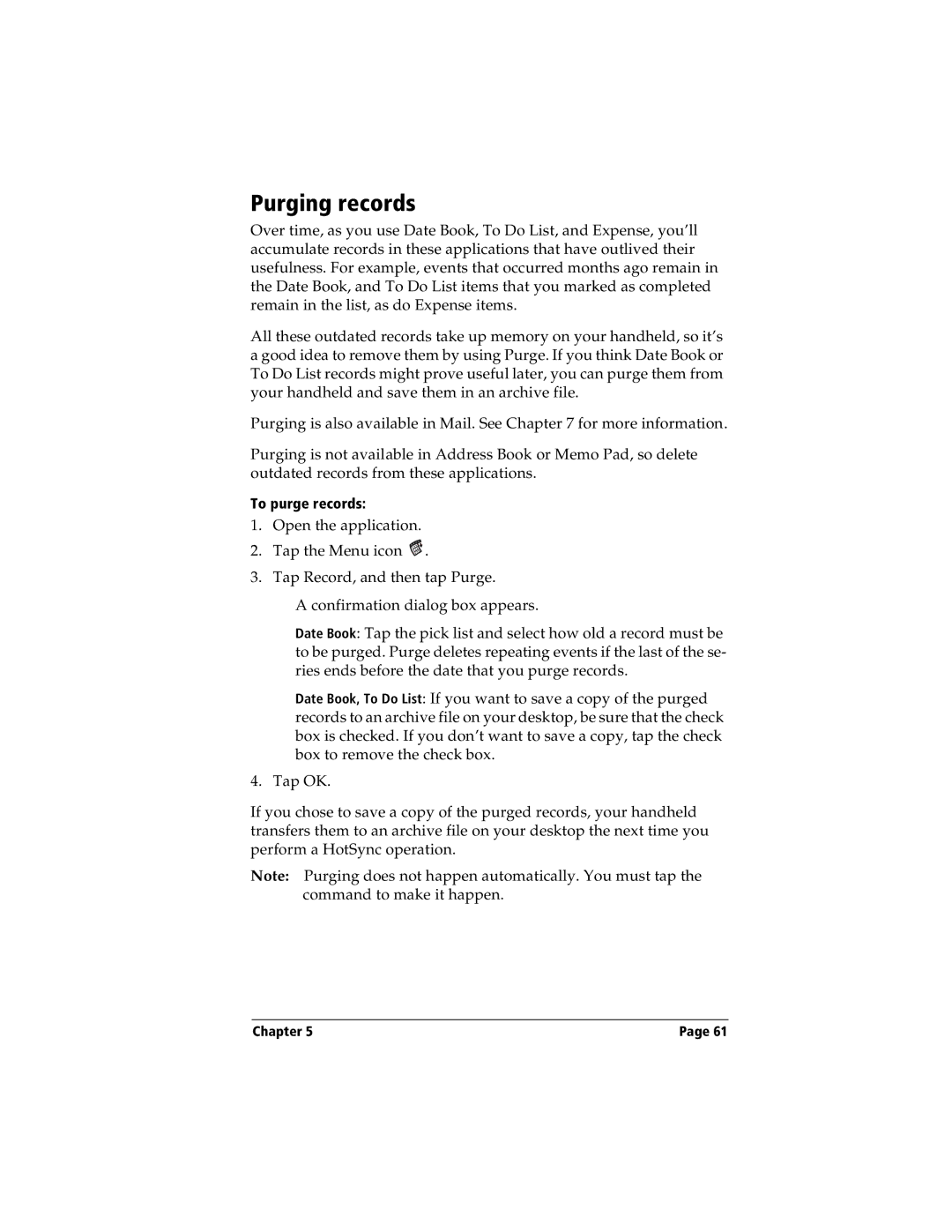 Handspring Visor manual Purging records 