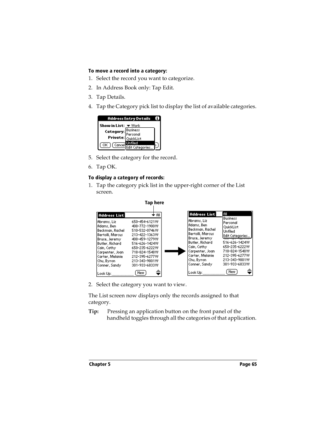 Handspring Visor manual To move a record into a category 