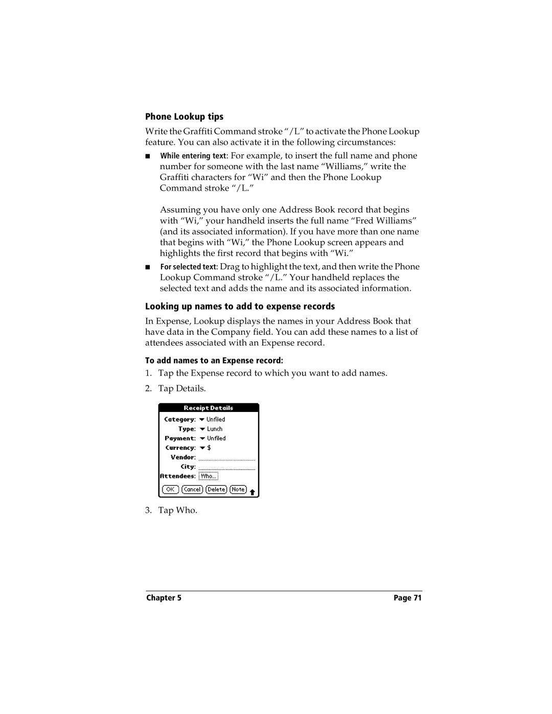 Handspring Visor manual Phone Lookup tips, Looking up names to add to expense records 