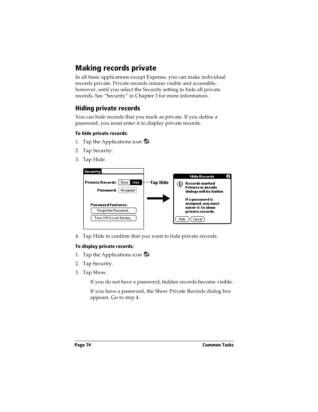 Handspring Visor manual Making records private, Hiding private records 