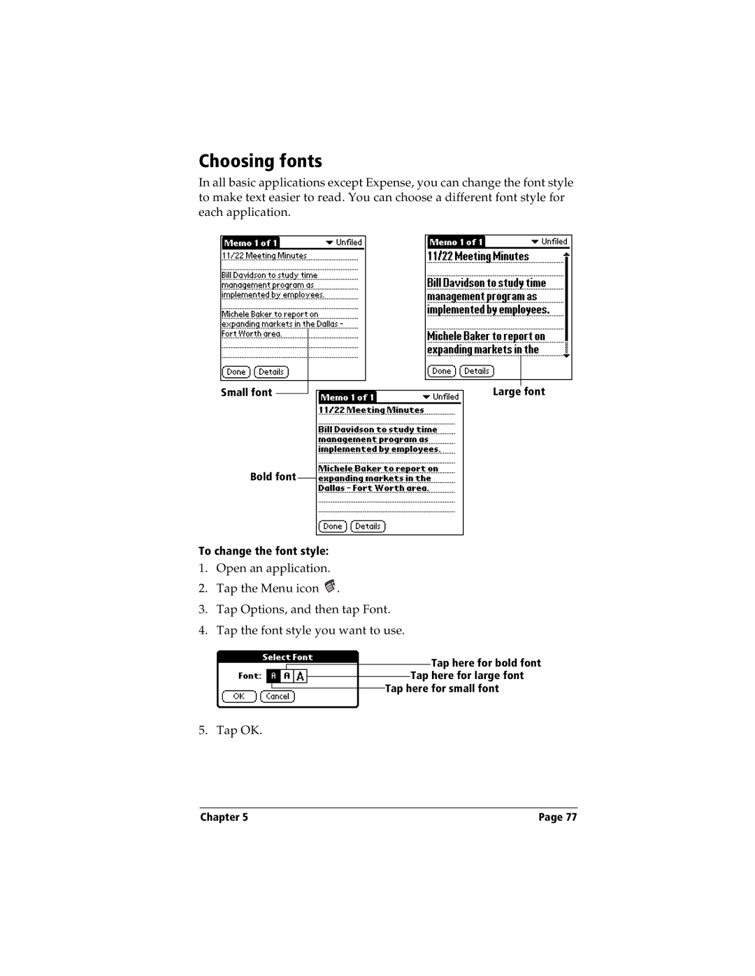 Handspring Visor manual Choosing fonts 