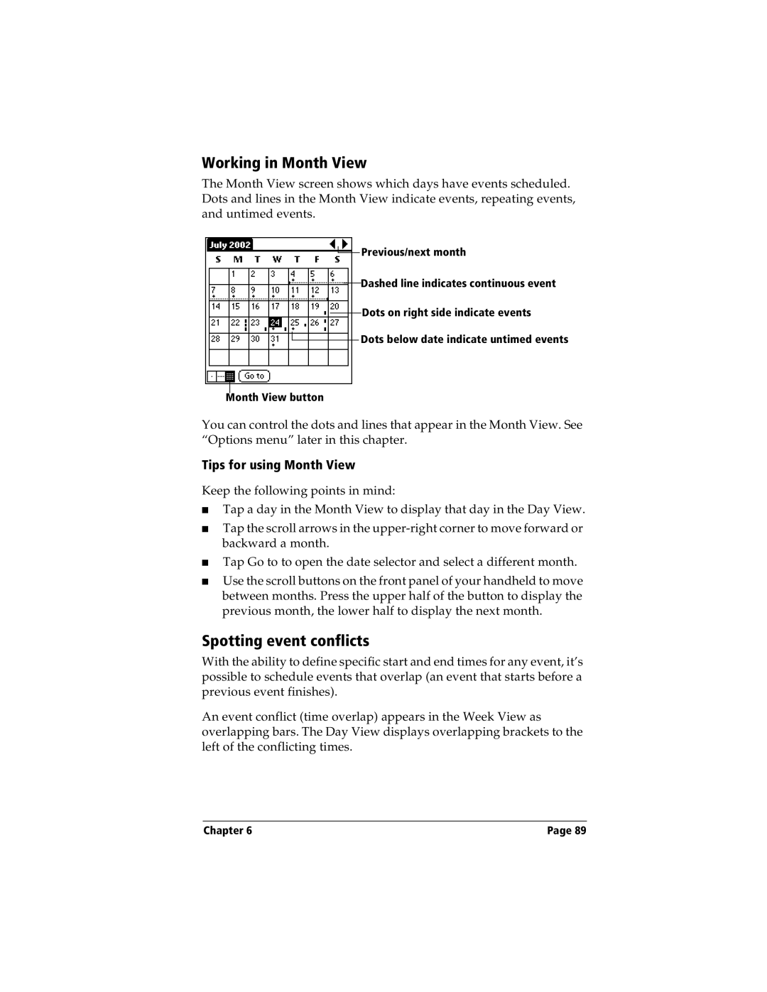 Handspring Visor manual Working in Month View, Spotting event conflicts, Tips for using Month View 