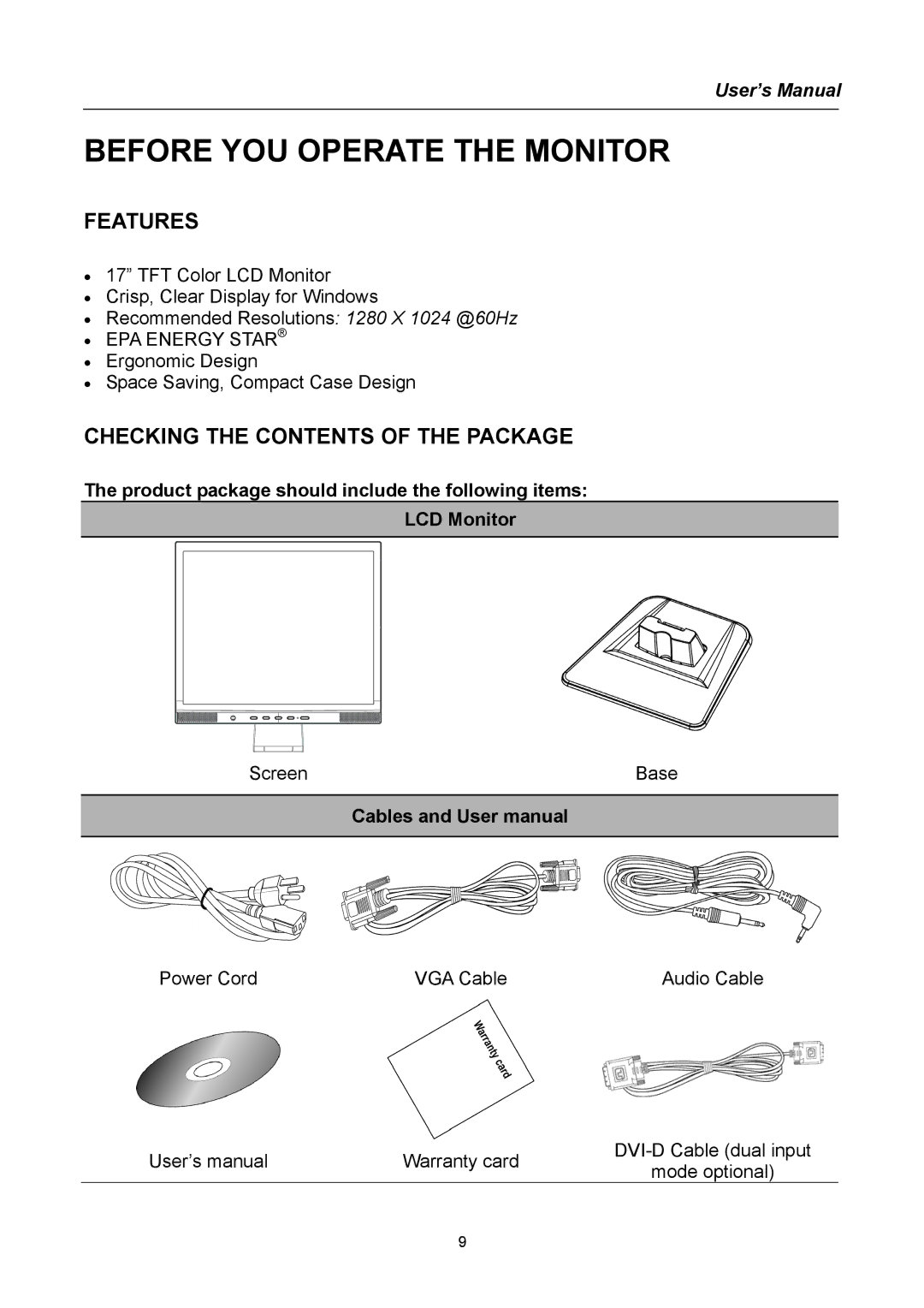 Hanns.G AG172 user manual Before YOU Operate the Monitor, Checking the Contents of the Package 