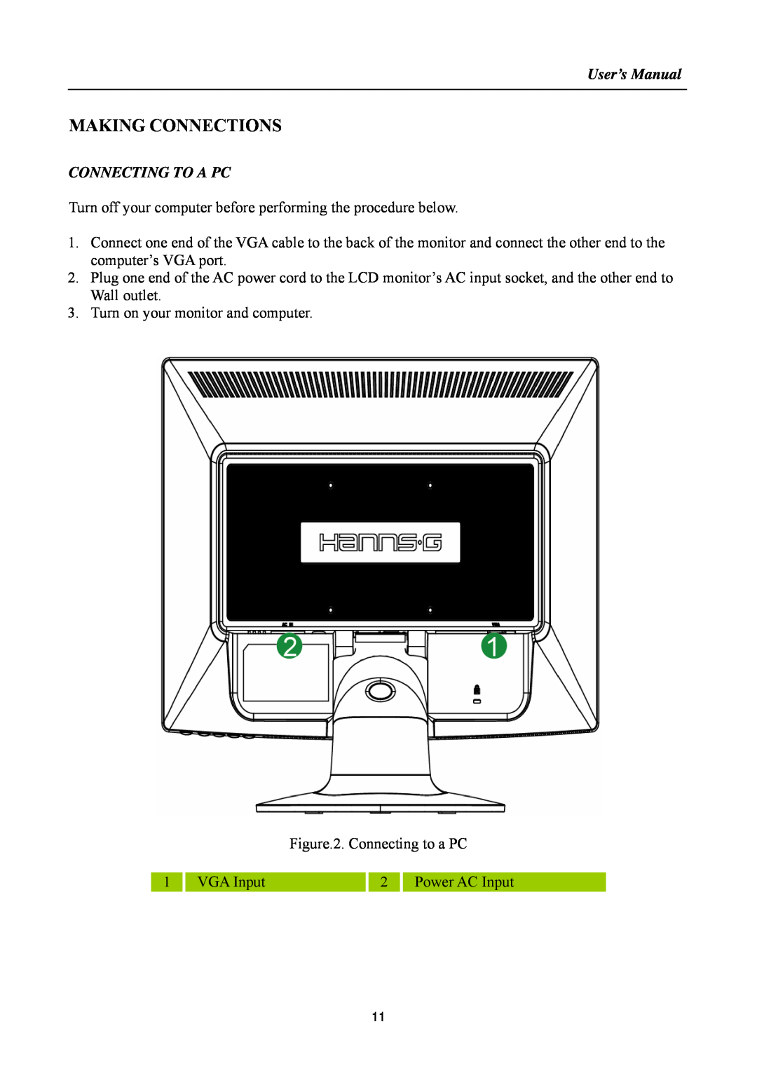 Hanns.G HA191 manual Making Connections, User’s Manual, Connecting To A Pc 